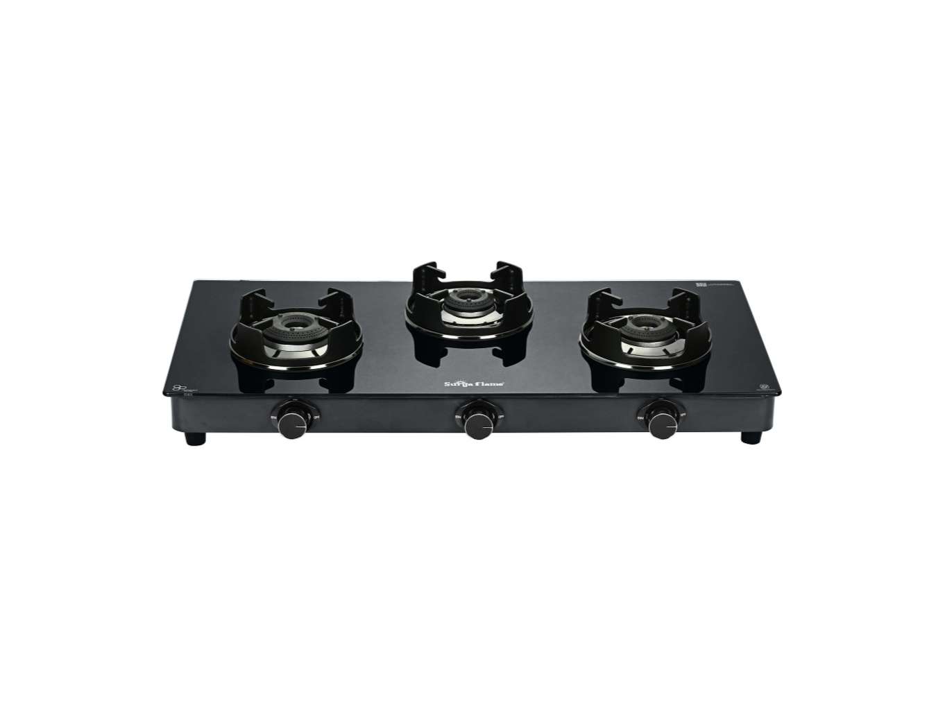 Surya Flame Black Pro 3 Burner Gas Stove, All-Black "Pro" Series, 1 Jumbo Coated Burner, Toughened Glass, Flame Guard Support - Black view 2