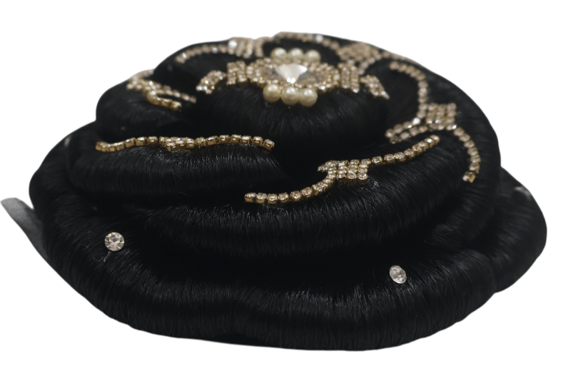 Black Bun Hair Extension with Rhinestones & Pearls view 2