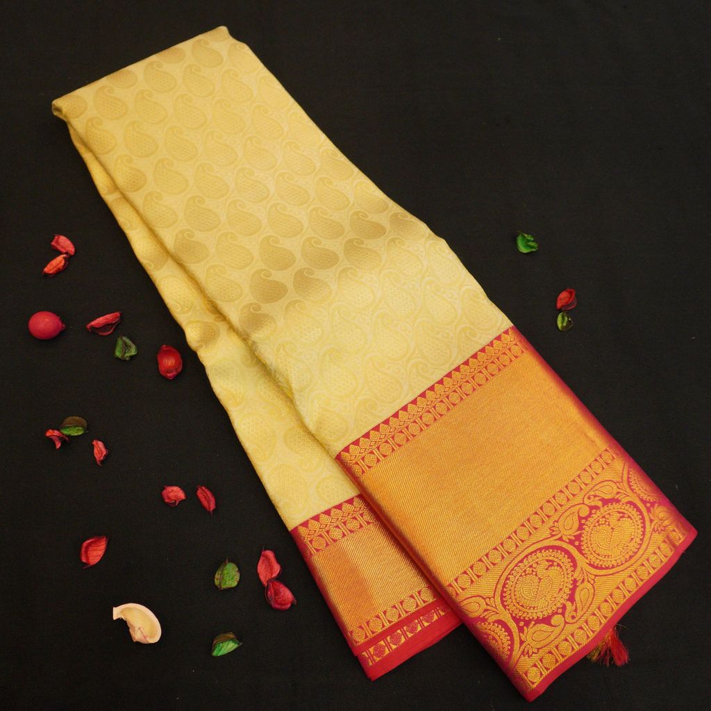 Half White with Maroon Border Kanjivaram Pattu Sari in Paisely Mango Motifs view 2