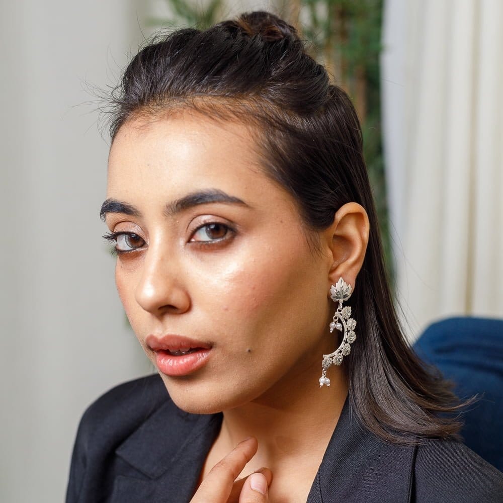 Kashmiri Chinar Silver Pearl Earrings view 2