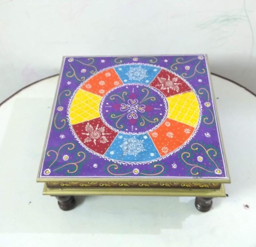 Wooden/mdf Embossed Painted Chowki for Home Decor view 2