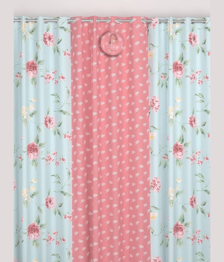 chhavi india Floral Semi-Transparent Eyelet Curtain 7 ft ( Pack of 3 ) - Light Blue view 2