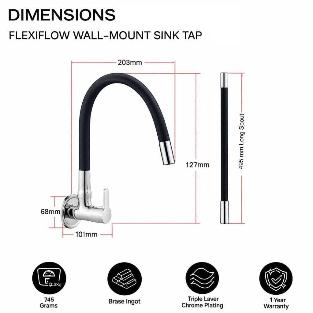 Hyenas Brass Wall Mount Sink Cock Tap/Sink Faucet with Black 360 Degree Flexible Silicon Swivel Spout Hot/Cold Water for Kitchen Sink, Wash Basin, Black Chrome Finish view 2