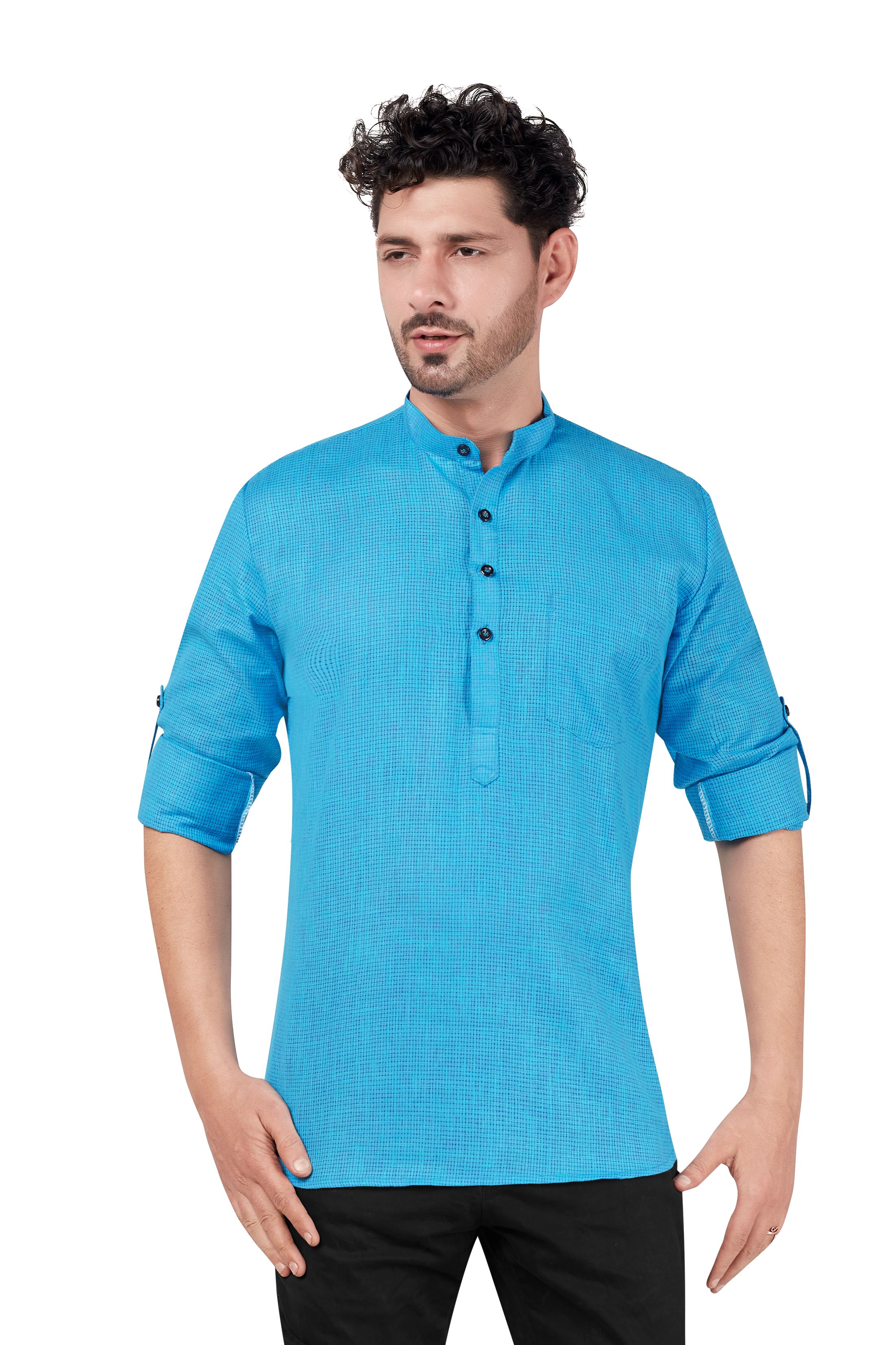 Blue Kurta Shirt - Cotton Casual Regular Fit Mandarin/Chinese Collar view 2