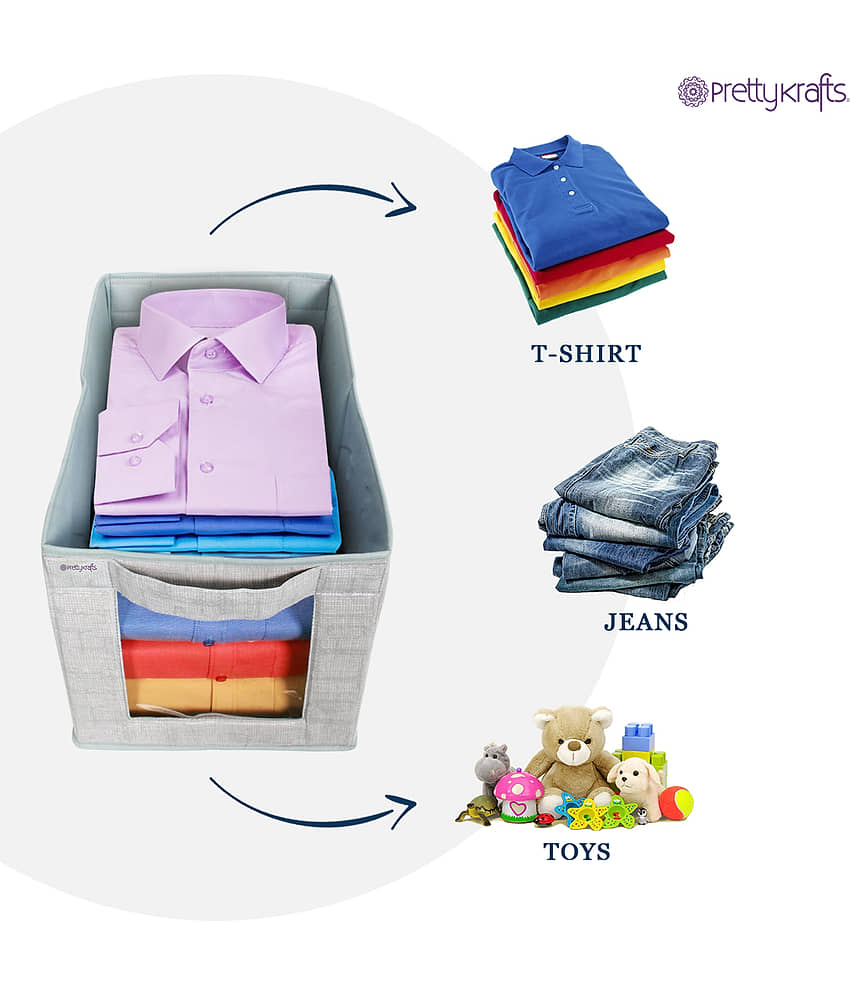 PrettyKrafts Toys Organizer,Shirt Stacker Closet, Fabric Storage Boxes for Shelf, Stackable Closet Bins for Toys & Kids Books with Transparent Window (Pack of 9) Jute Grey view 2