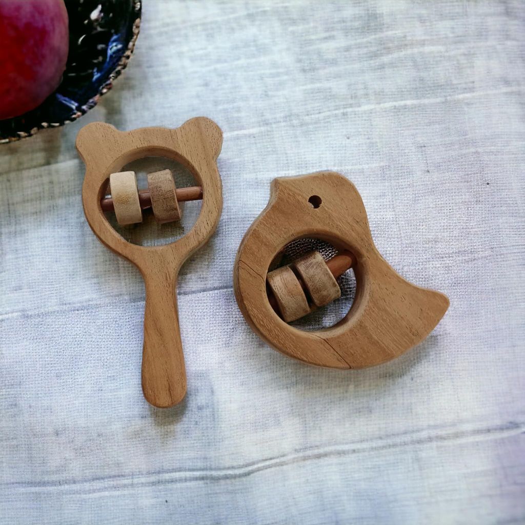 Neem Wooden Sound Making Rattles - Dove & Mickey Head Shapes view 2
