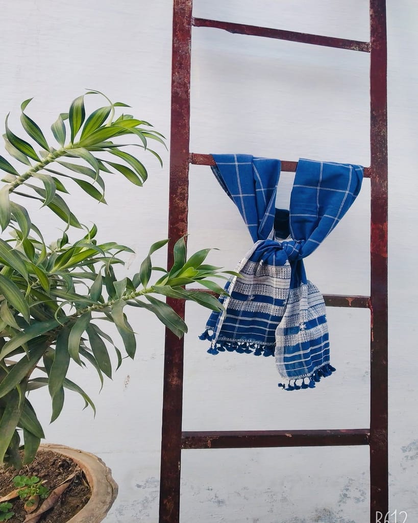 Blue and White Organic Handloom Cotton Stole With Tassels view 2