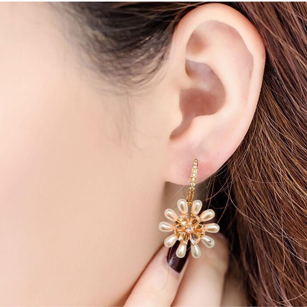 Jewelryklub American Diamond Earrings With Pearl Stone Flower Shape For Girls Women view 2
