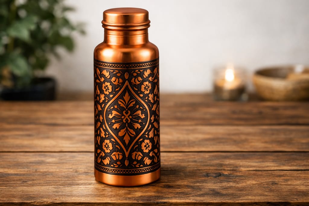 Handcrafted Engraved Copper Water Bottle - Traditional Floral Design view 2