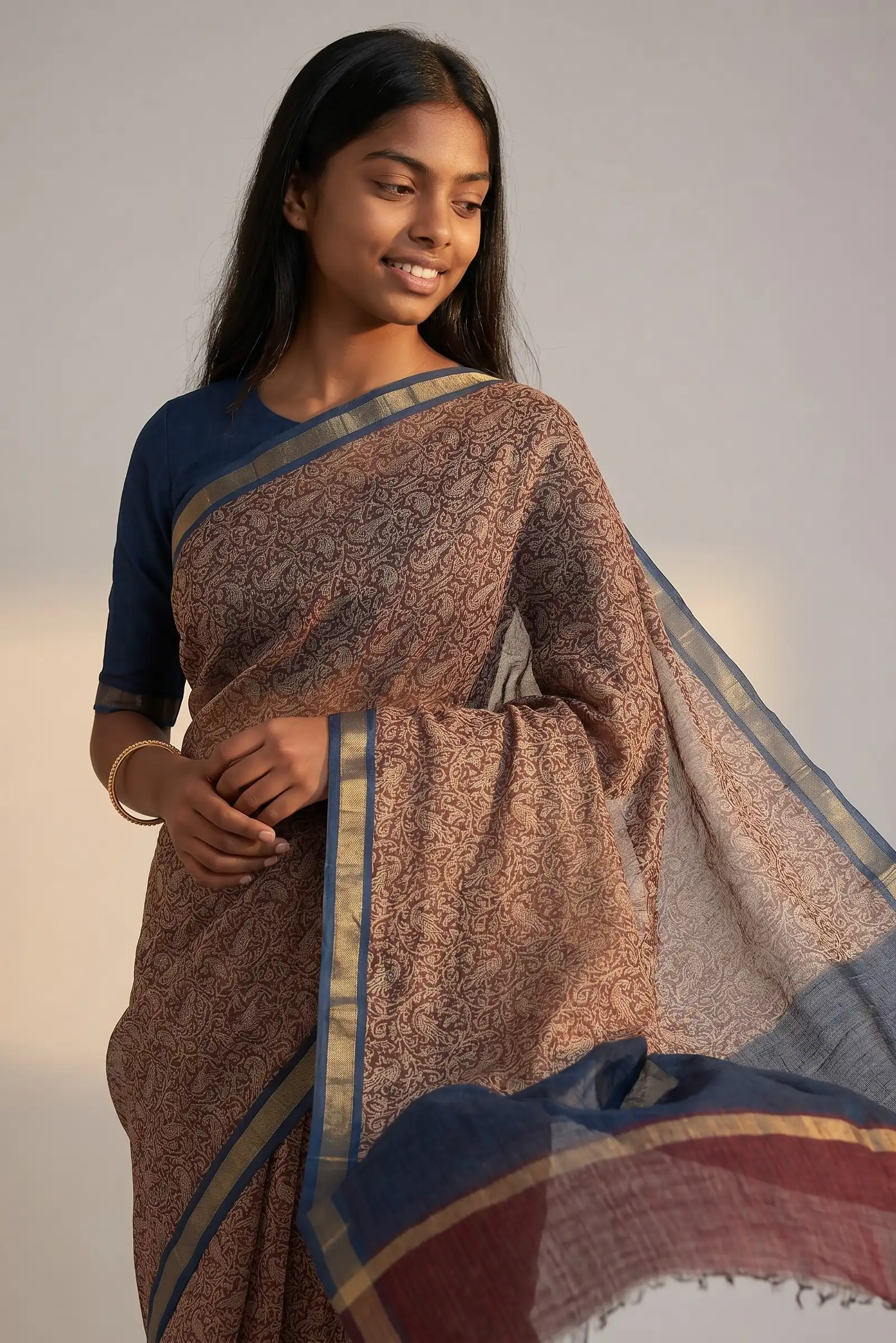 Kota Doria Cotton Saree Mocha Brown Block Print Paisley view 2