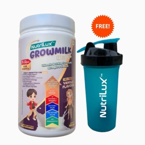 NutriLux Grow Height+ Kids Growth Vanilla Milk Powder for Boys & Girls with Free Shaker (7–12 Years), 400g