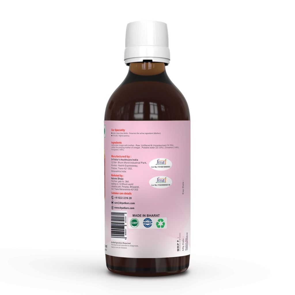 Dr. Patkar's Apple Cider Vinegar with Cinnamon & Fenugreek | Unfiltered & Undiluted | Suitable for Sugar & Diabetes Control with Improved Immunity & Lowers Bad Cholesterol (With Mother) 200ml view 2