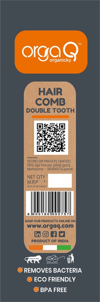 OrgaQ Organicky Natural Neem Wood Hair Comb With Double Tooth Remove Bacteria | Eco friendly view 2