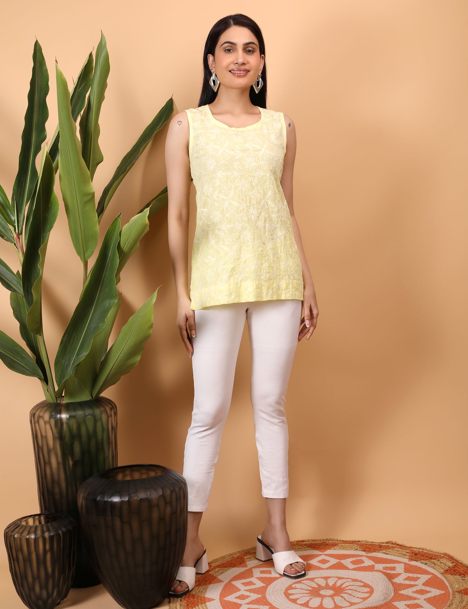 Shwet Women Yellow Chikankari Sleevless Top view 2