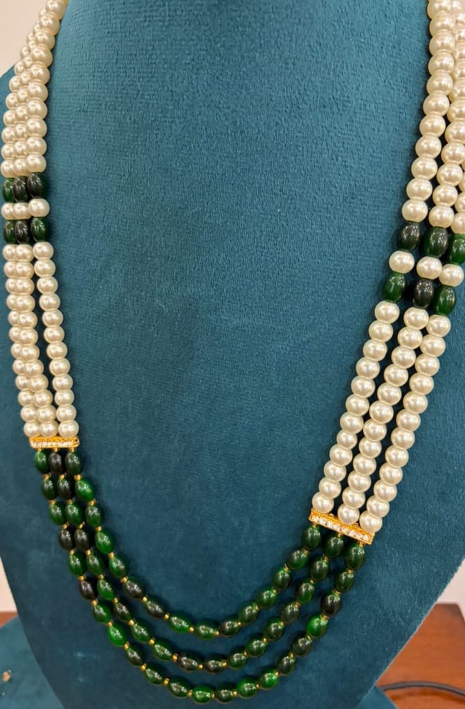 gold-bar segmented pearl necklace variant loaded with deep green semi-precious agate view 2
