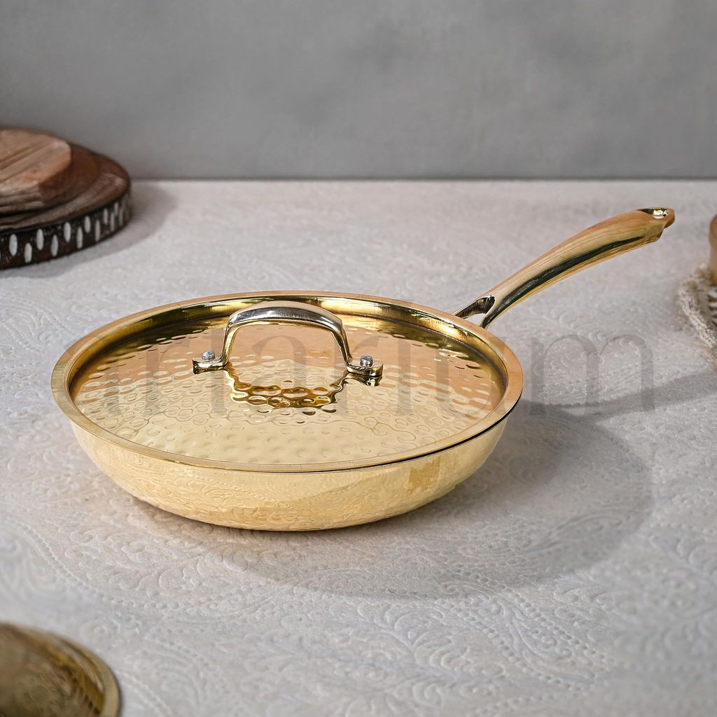 Artarium Premium Brass Non Stick Frying Pan Pital Hammered Peetal Serving Pan with Heat Resistant Handle & Lid Ideal for Cooking Cookware with Ayurvedic Health Benefits (1.6 Litre) view 2