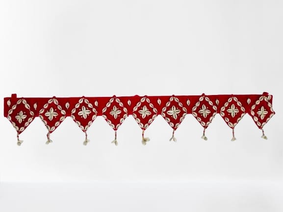 Red and White Beaded Curtain Door Valance with Diamond Pattern