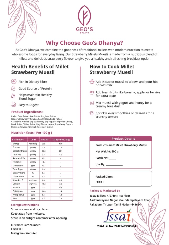 Geo's Dhanya Super Multi Millet Strawberry Muesli | No Refined Sugar | Naturally Sweetened with Jaggery & Honey | 8 Whole Grains + Almonds + Cranberries + Real Dried Fruits | High Fibre Breakfast Cereal | 500g view 2