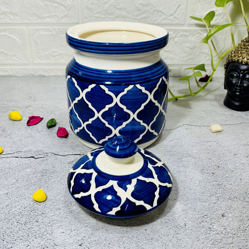 Homefrills Multi-Utility Storage Ceramic Jar & Container with Lid/Achar Barni for Storage of Achar/Snacks /Pickle/cookies etc. (1 jars with Lid )Colour-Blue Capacity-1000 ml/1 KG(approx) view 2