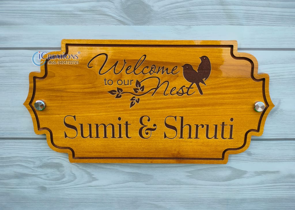 iCreations Wooden House Name Plate with Engraved Letters (6x12 Inch) view 2