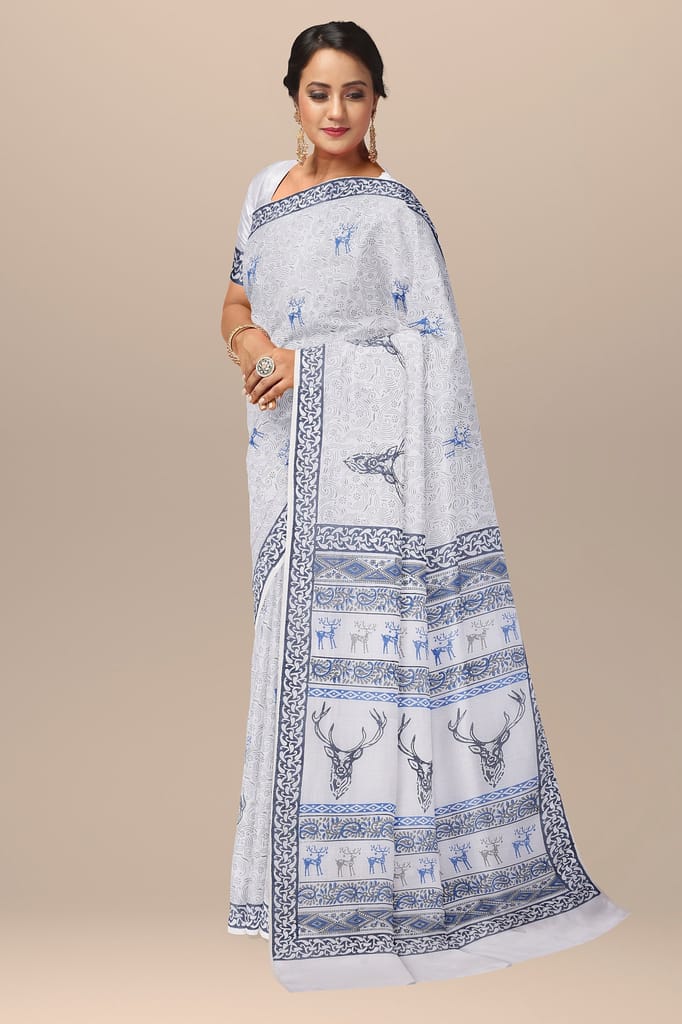 Off White Deer Motif Handwoven Hand Block Print Sausar Silk Saree SKU-AS10001 view 2