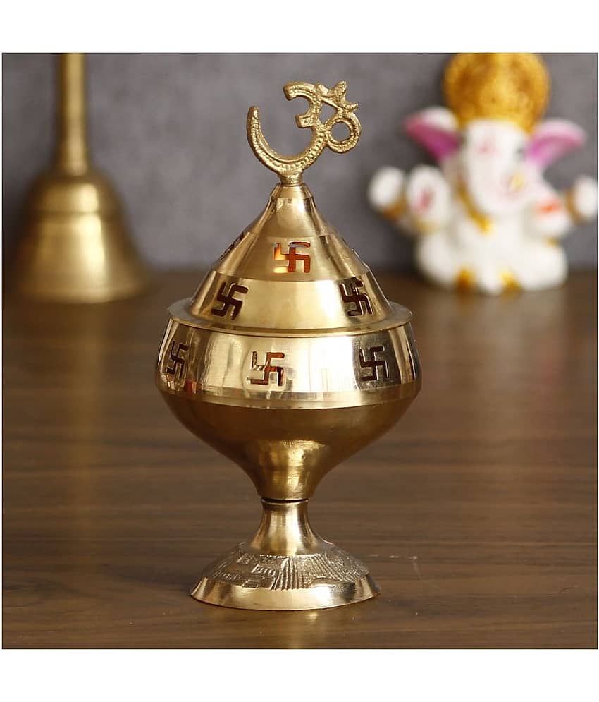 eCraftIndia Gold-Toned Om and Swastik Brass Diya view 2