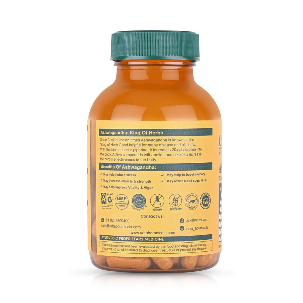 Arka Botanicals Ashwagandha - 60 Veg Capsules | Natural Stress & Anxiety Support | Ayurvedic Herbal Supplement | Antioxidant Rich for Immunity, Strength, Stamina & Energy Boost view 2