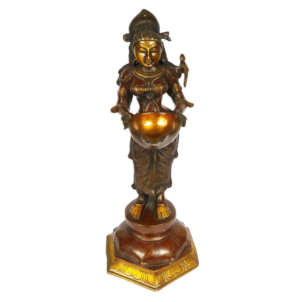 Artvarko Big Brass Lady Diya Welcome Deepluxmi Puja Decorations Indian Diwali Oil Lamp Pooja Light Mandir Home Decor Lamps Decorative Wicks Diyas 17 Inches view 2