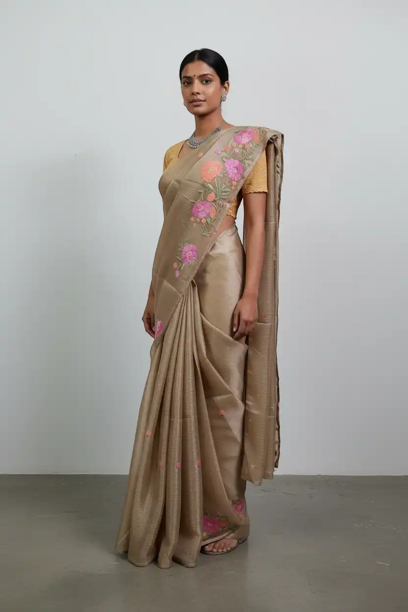 Handwoven Kota Doria Cotton-Silk Saree in Beige with Floral Zari Border