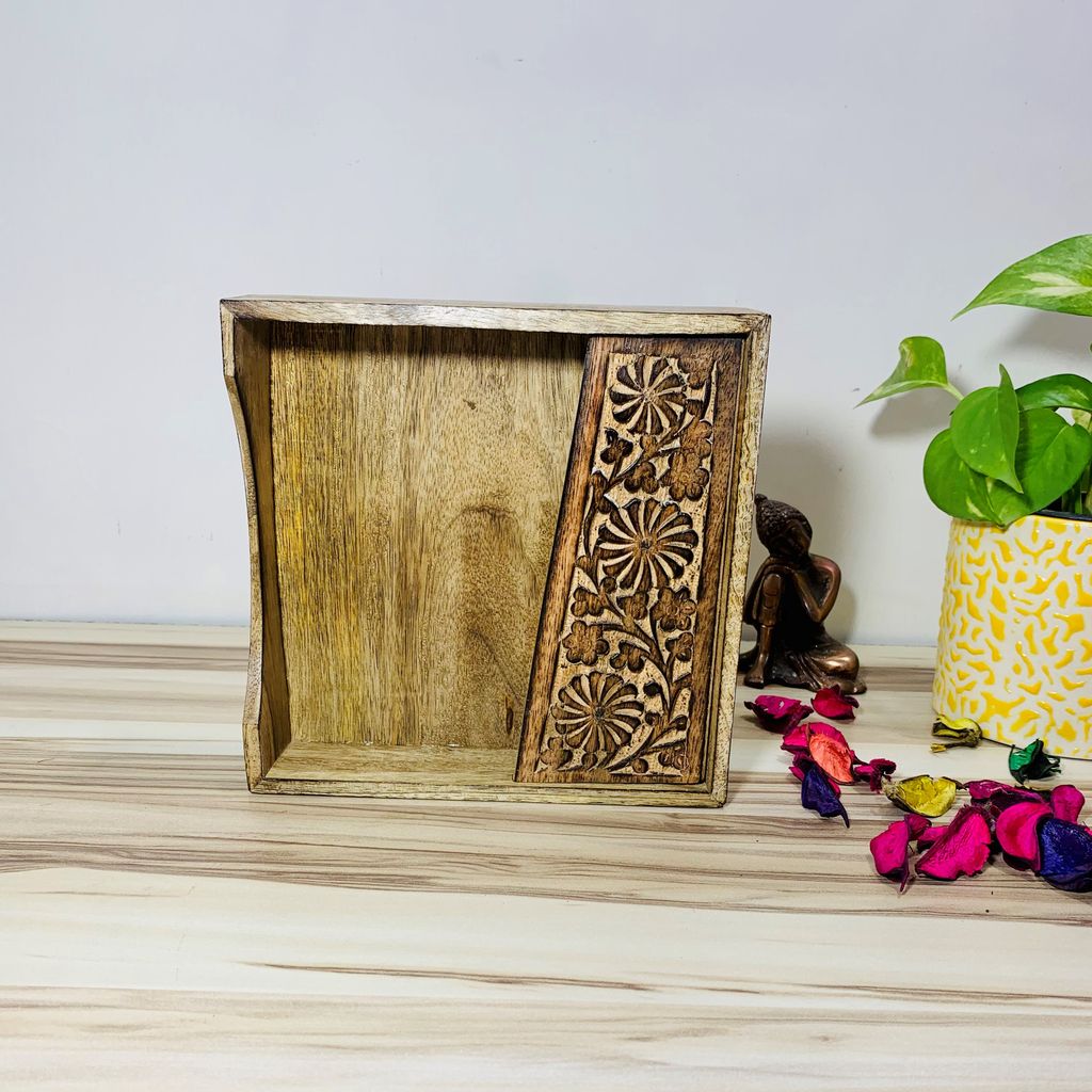 Homefrills Square Antique Handcrafted Mango wood Elegant Tissue Holder,Tissue Organizer, Tissue Dispenser,Tissue Box,Facial Paper Napkin Holder for Car, Home, Office Desk, Bathroom and Cafeteria view 2