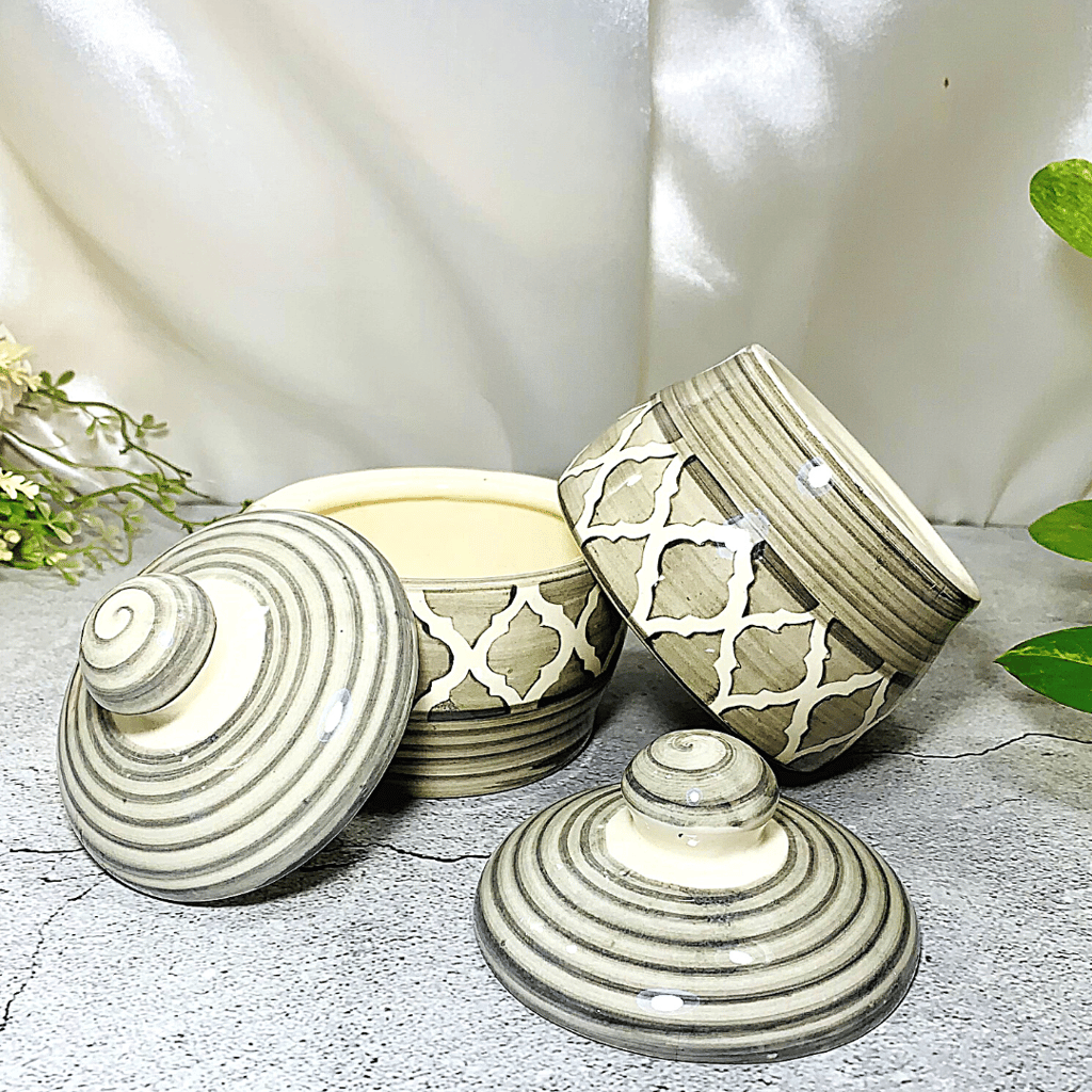 Homefrills Handpainted Multi-Utility Storage Ceramic Jars & Containers with Lid Ceramic Jars for Kitchen& Dining Table Storage Snacks /butter Jars Set of 2(2 jars with Lid ) Colour-Grey view 2