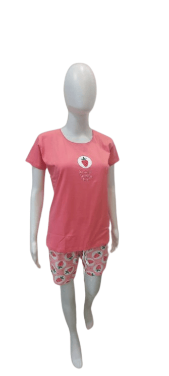 Women’s Cotton Printed Nightwear Set – Strawberry Design T-Shirt & Shorts Combo (Pink)