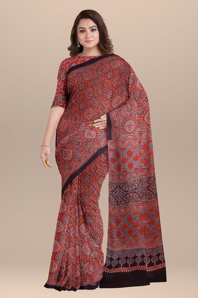 Black Ajrakh Hand Block Printed Cotton Saree with Floral and Geometrical Print SKU-BS10078 view 2