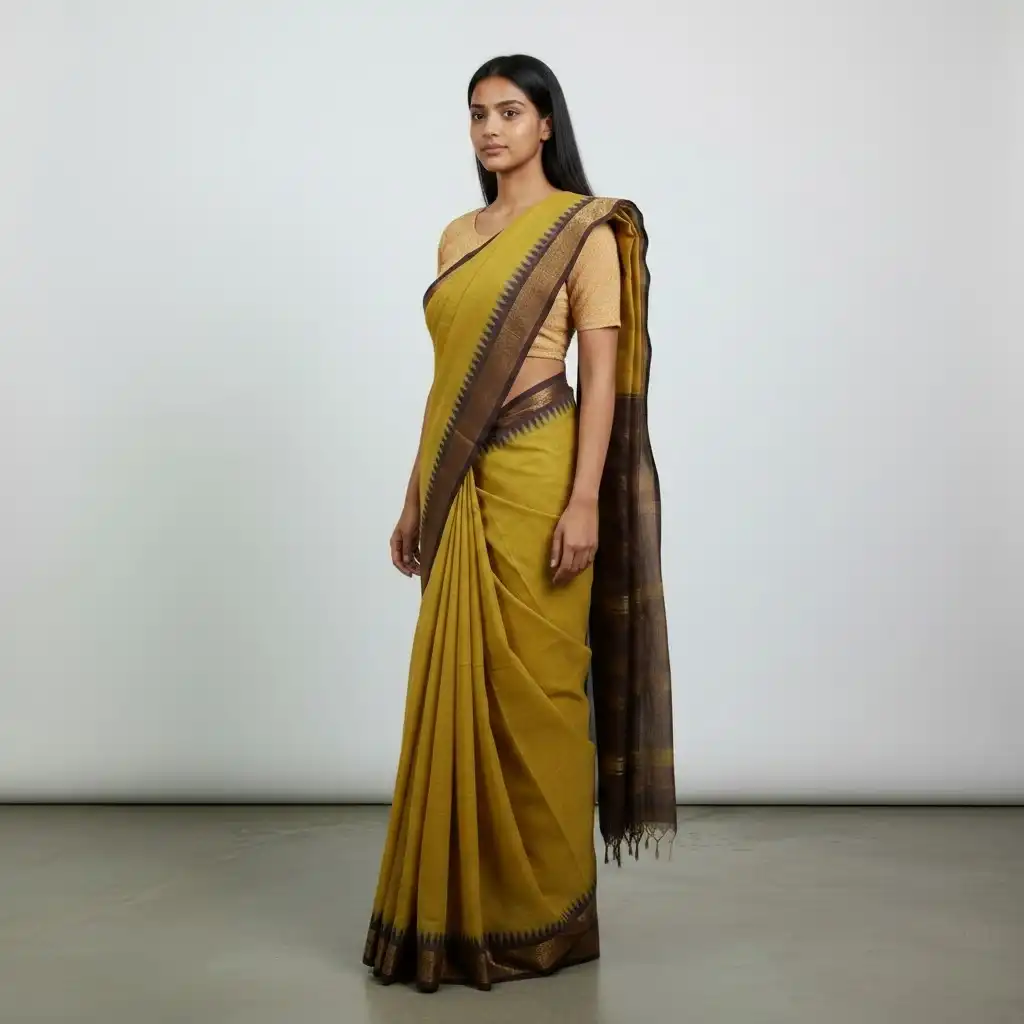 Mango Yellow Kanchipuram Cotton-Silk Saree with Temple Border view 2