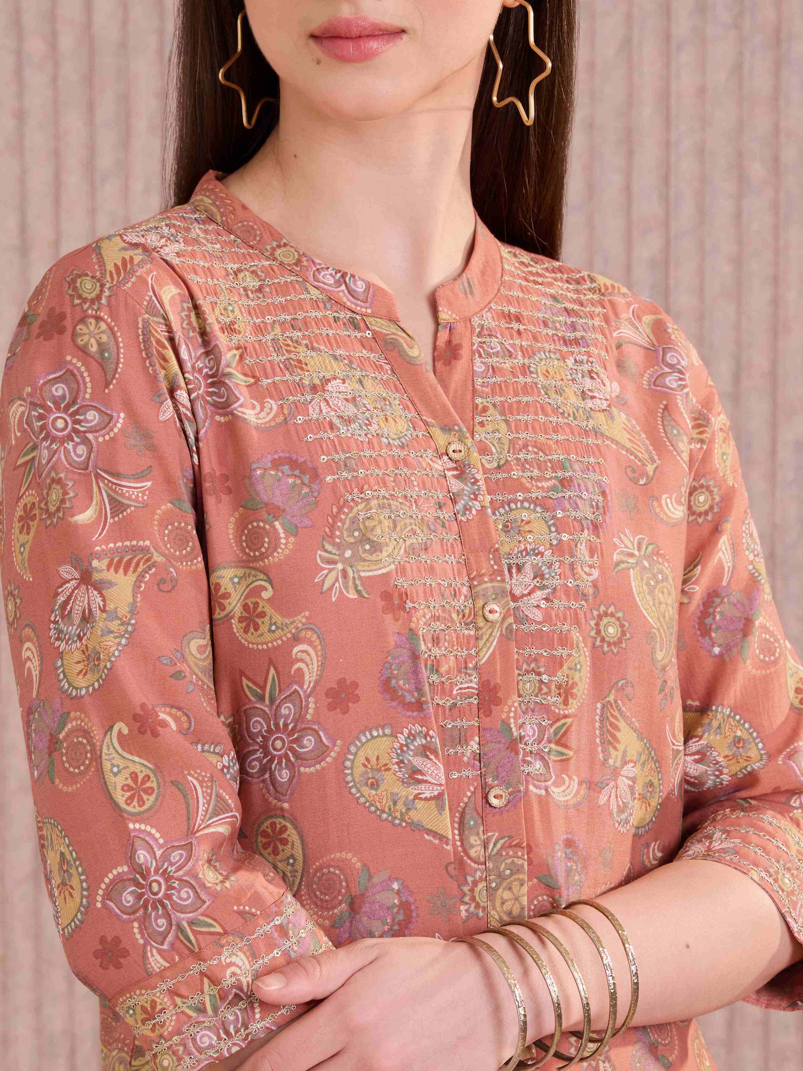 Orange Modal Chanderi Foil Printed Kurti With Seqiuins Embroidery view 2