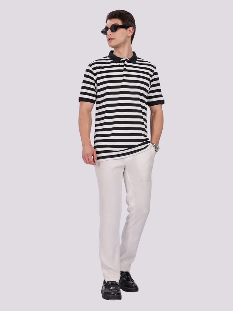 Puff Cotton Black & White Striped Polo view 2