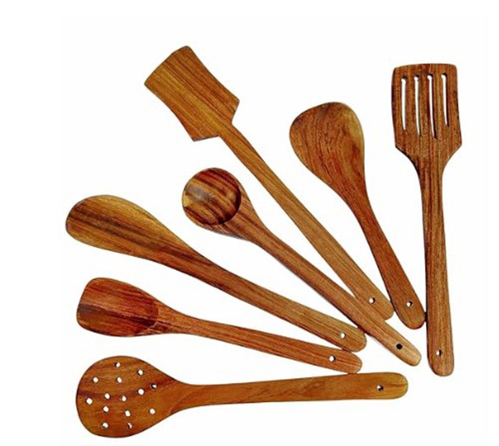 SOUVNEAR Natural Wooden Spoon Set for Cooking Includes Frying Serving Spatula Chapati Dessert Rice Spoons Wooden for Nonstick Cookware Kitchen Utensils and Cooking Spoon Set of 7 view 2