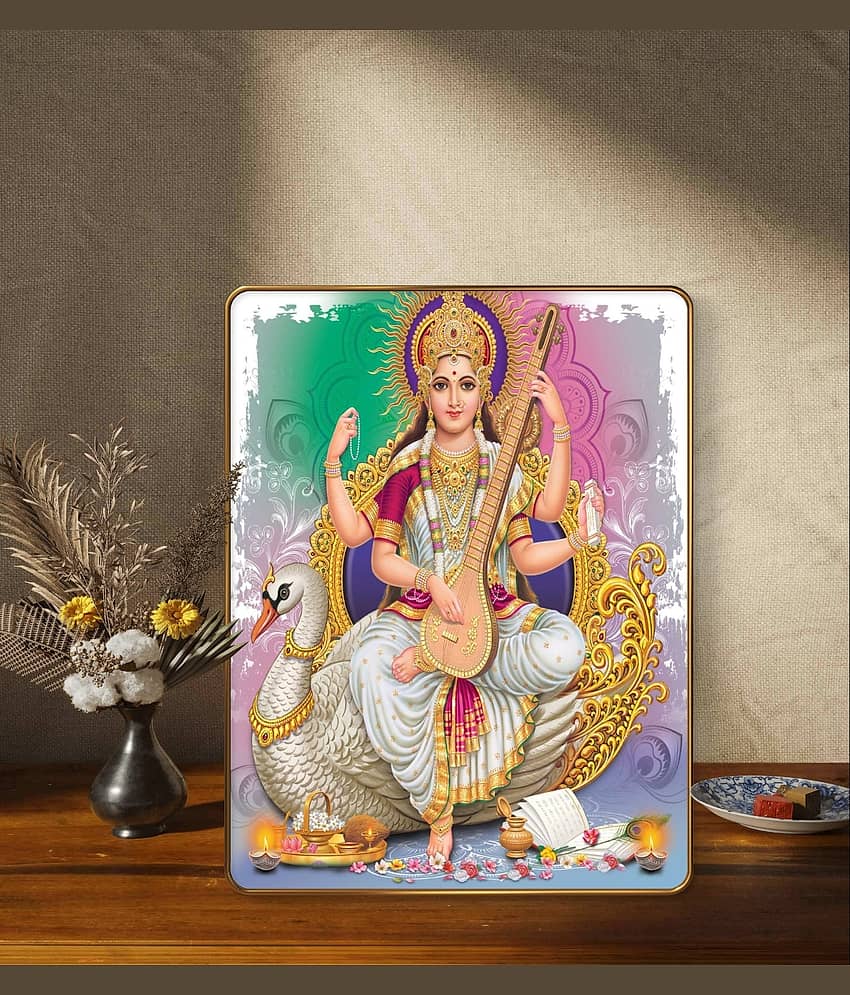 SAF Saraswati Devi Wall Painting with Golden Frame & Sparkle Lamination | MDF Board Poster for Pooja Room Office Study Area | Hindu Goddess Art for Knowledge & Wisdom view 2