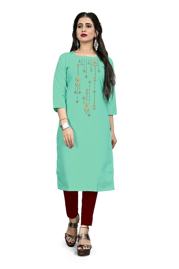 STYLEOO Ruby Slub Embroidered Straight Kurta for Women Pack of 2, LIGHT GREEN & MUSTARD (M, L, XL, XXL) view 2