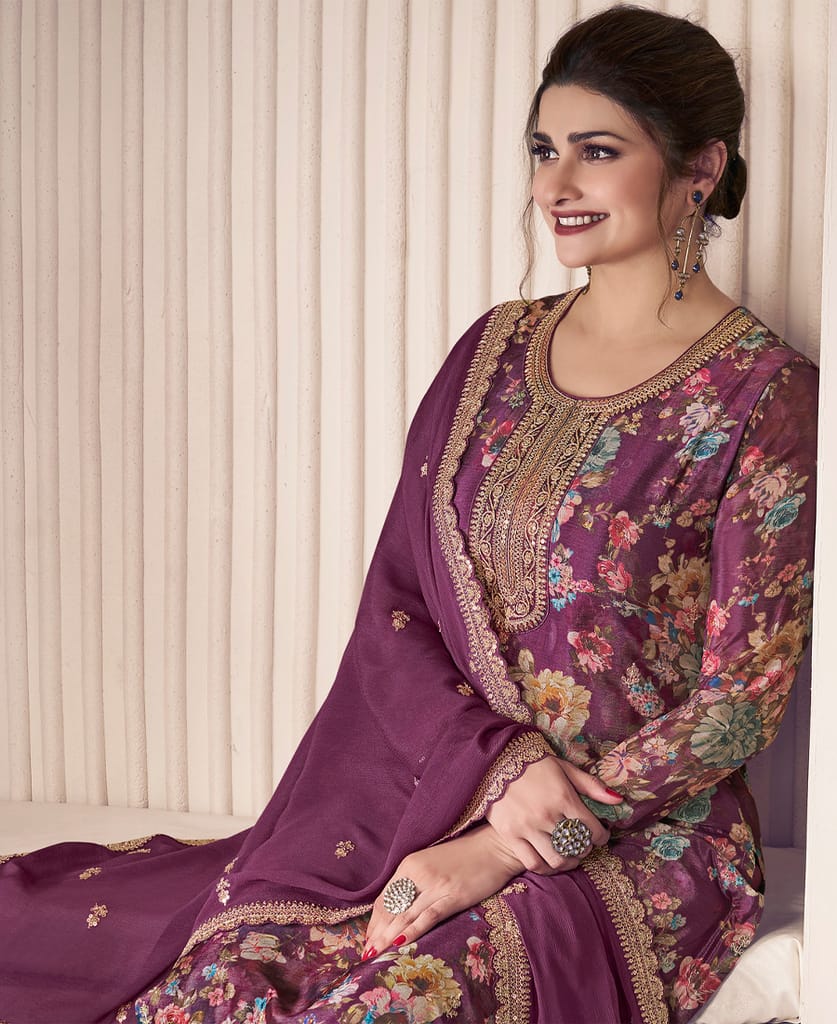 Floral Printed Magenta Long Suit for Women (Chinon Fabric) view 2