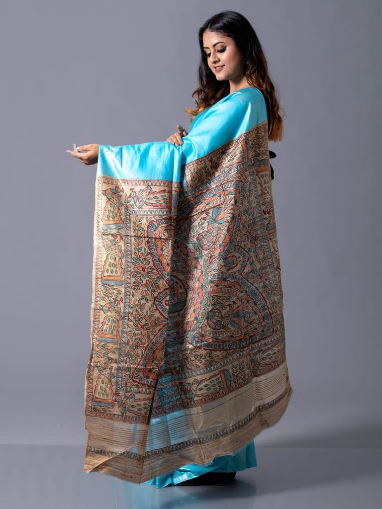 Light Blue Hand-Painted Tussar Silk Saree with Madhubani Art view 2