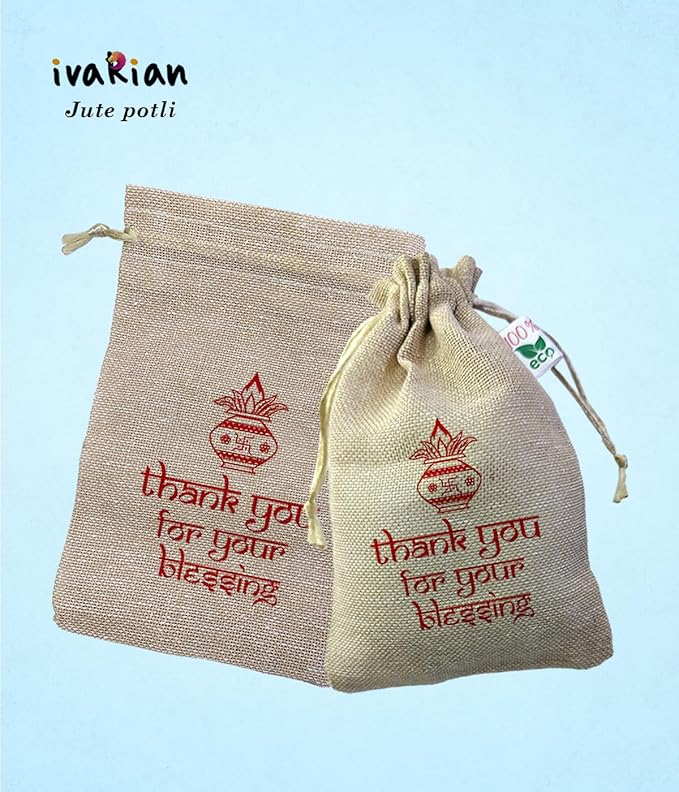 IVARIAN-Jute Potli Bag, Occasion Gifting Bag, Return Gifting Bag (13X18Cm Set Of 50, Wedding Hindu),Beige view 2