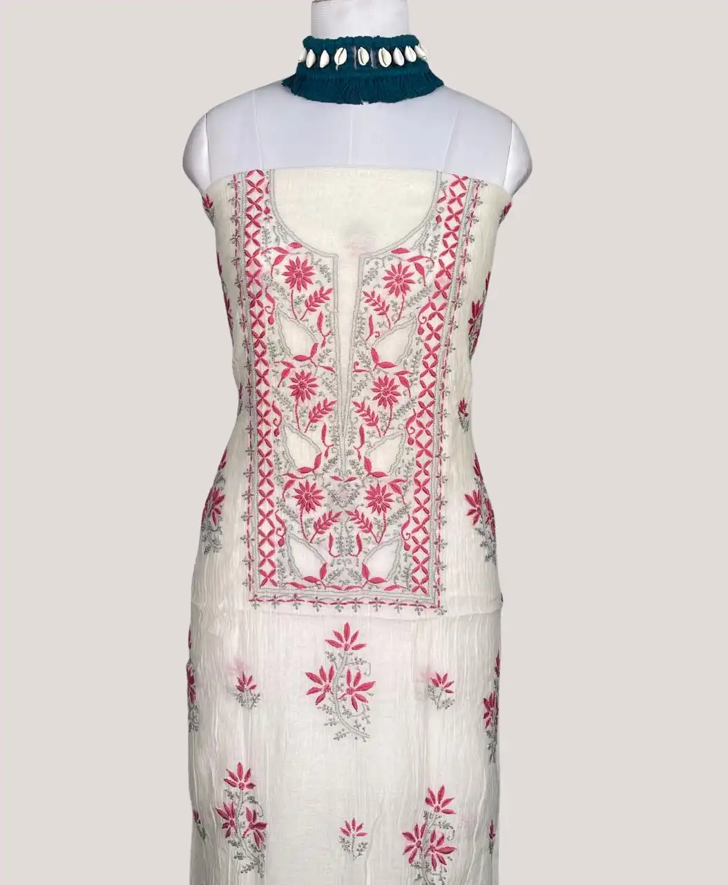 Chikankari Mul Chanderi Dress Material Crimson Red Floral view 2