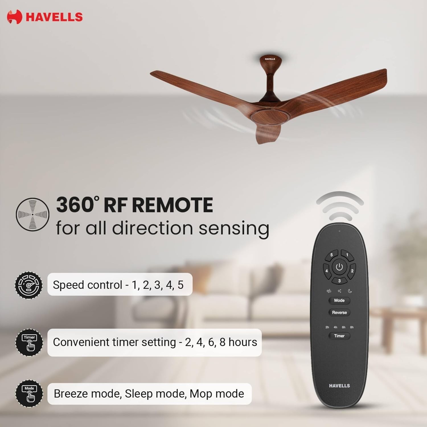 Havells Stealth Air BLDC Wood 1200mm Premium Ceiling Fan with 100% Pure Copper|5 Star Rating, Remote Controlled, Watt: 40|Air Flow: 245 cmm, Speed: 280 RPM, Free Installation, 2 year Warranty - Walnut view 2