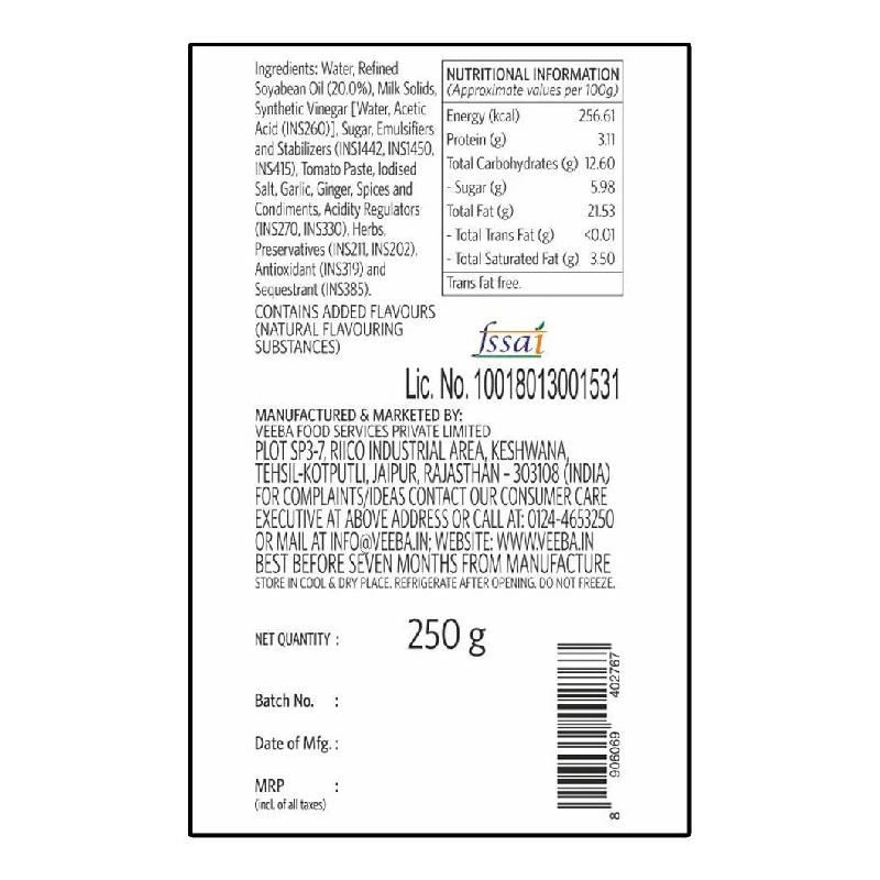 Veeba Tandoori Eggless Mayonnaise 250 Gms view 2
