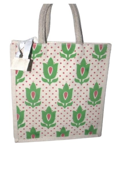 Eco-Friendly Jute Tote Bag with Green Tulip & Polka Dot Print view 2