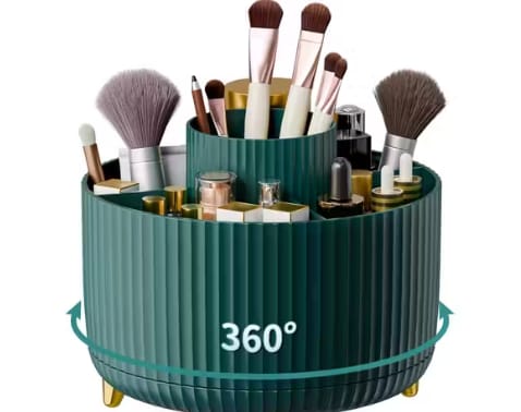 Makeup Brush Holder, 360° Rotating Makeup Perfume Organizer, 5 Slot Makeup Brushes Cup Tray for Vanity Decor Bathroom Countertops Cosmetic Desk Storage Container Display Case (GREEN) view 2