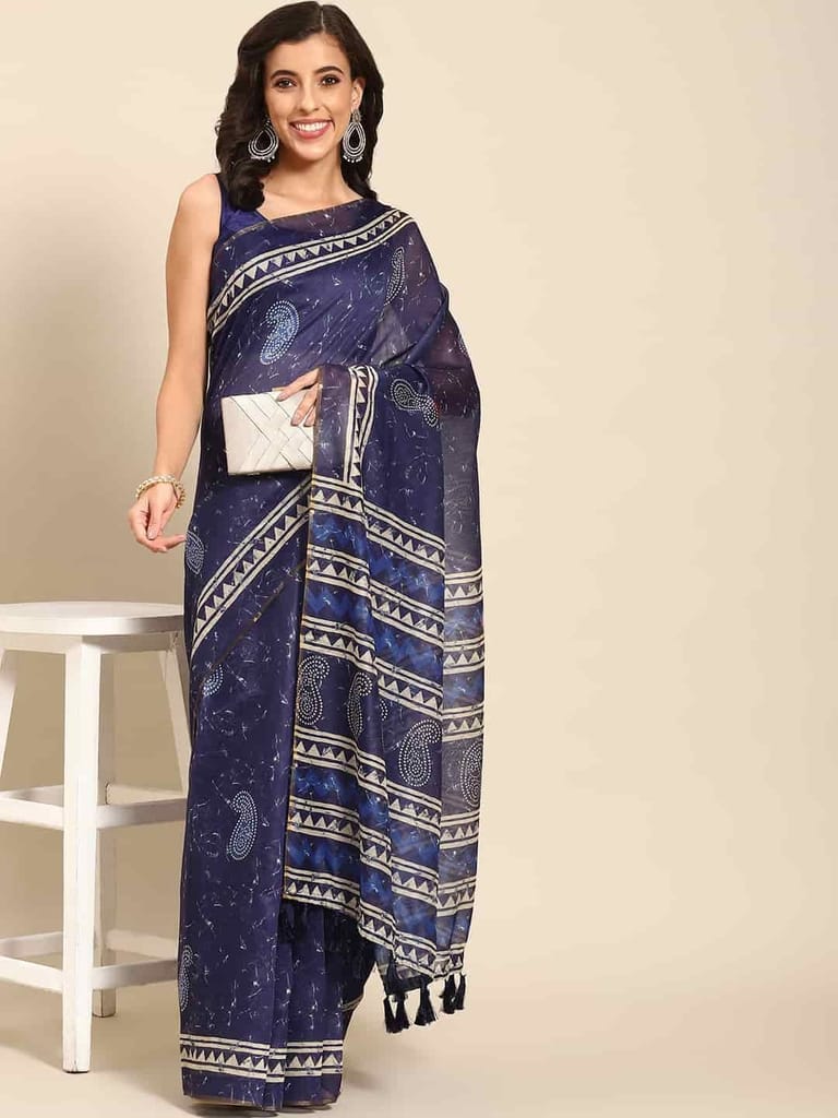 Women's Pure Cotton block print saree with unstiched blouse piece view 2