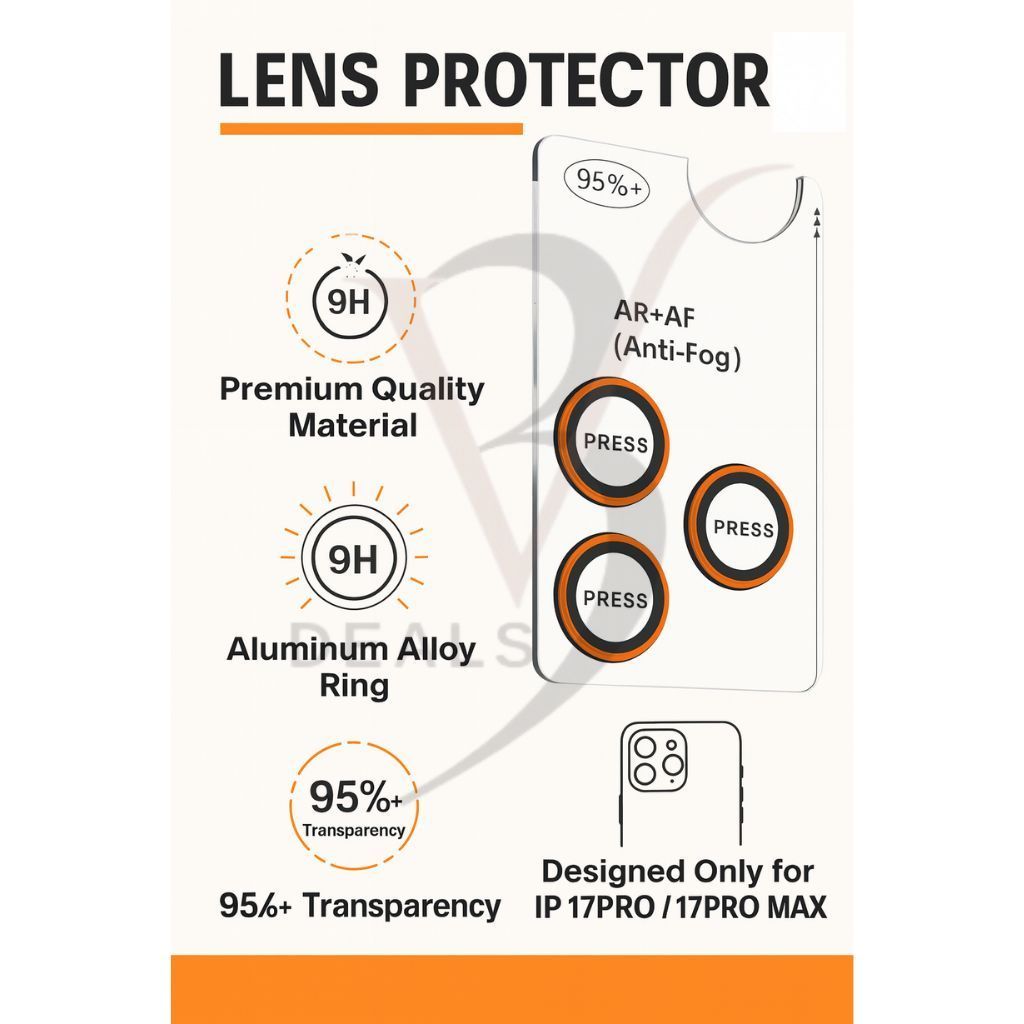 V3Deals Premium Camera Lens Protector for iPhone 17 Pro/17 Pro Max, 9H Hardness, Anti-Fog Glass with Aluminum Alloy Ring, 95% Transparency, Easy Installation (Orange) view 2