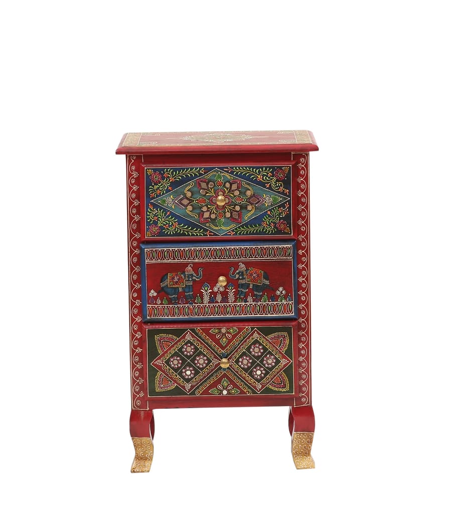 Wooden Hand Painted Bed Side With 3 Dwr / Living Room / Bed Side / Mutiuse view 2